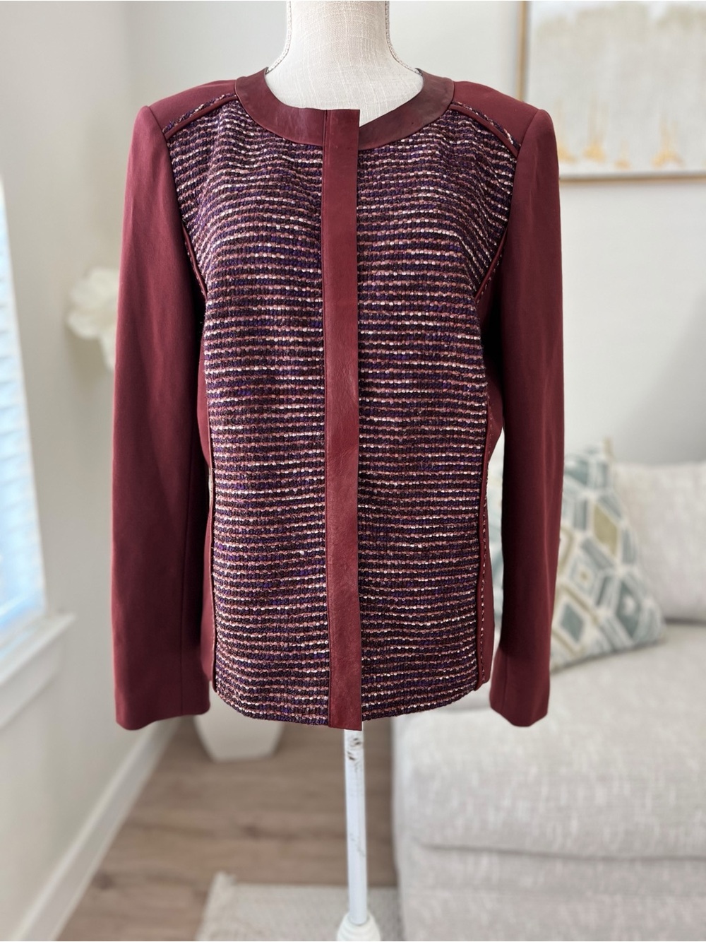 Lafayette 148 Drina Red Tweed Long Sleeve Leather Trim Woman’s Jacket Size 14